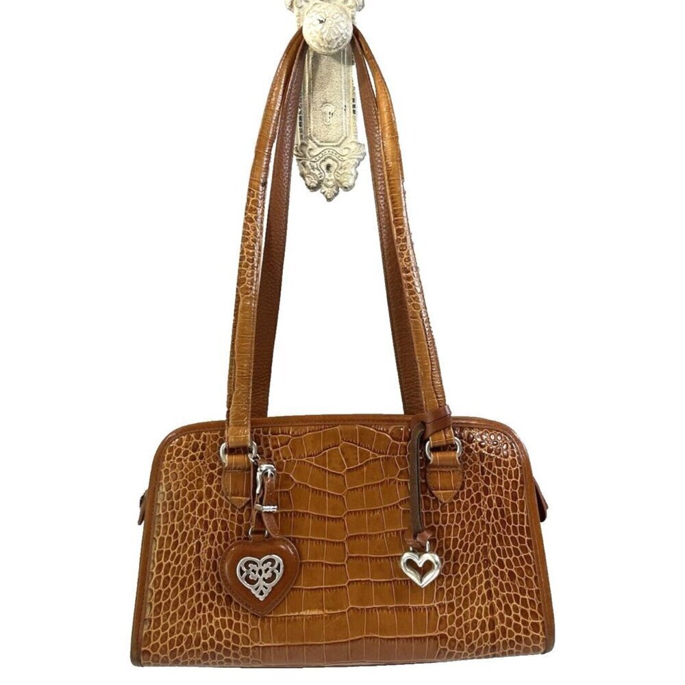 Brighton Croc-Embossed Leather Tan Shoulder Bag with Silver Heart Charms